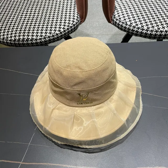 Louis Vuitton Beige Gold Structured Crown Sheer Pleated Brim Overlay Bucket Hat 7