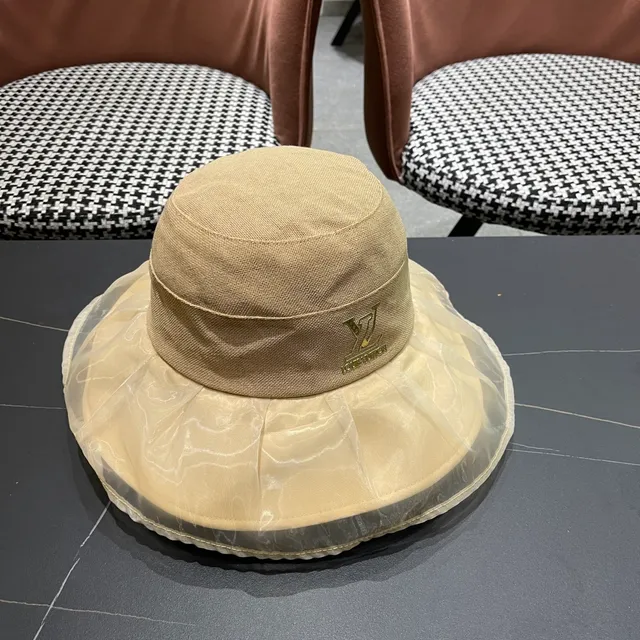 Louis Vuitton Beige Gold Structured Crown Sheer Pleated Brim Overlay Bucket Hat 8