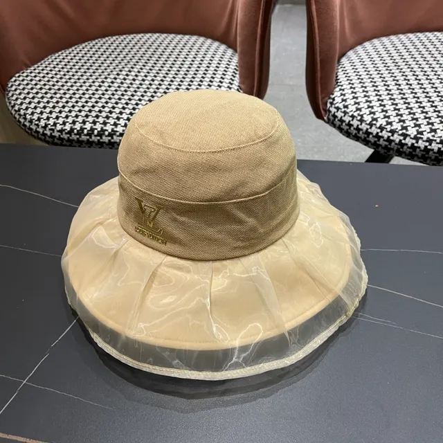 Louis Vuitton Beige Gold Structured Crown Sheer Pleated Brim Overlay Bucket Hat 9