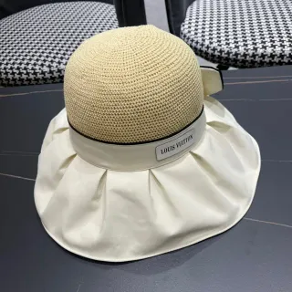 Louis Vuitton Beige White Woven Straw Crown Pleated Satin Brim Bucket Hat
