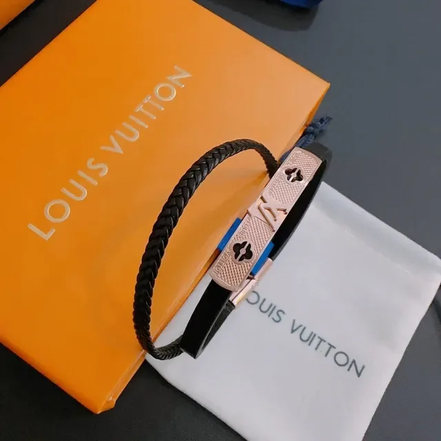 Louis Vuitton سوار جلد أسود أزرق مزدوج النطاقين مضفر 5