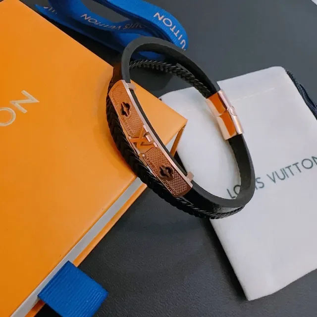 Louis Vuitton سوار جلد أسود أزرق مزدوج النطاقين مضفر 6