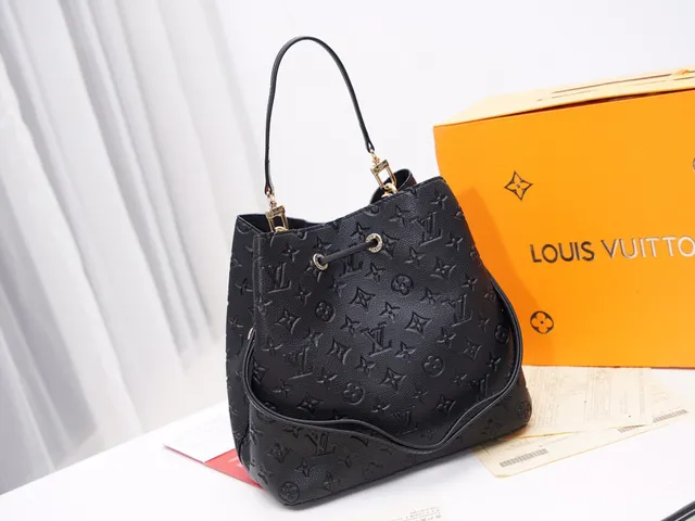 Louis Vuitton Black Gold Embossed Monogram Leather Drawstring Closure Bucket Bag 24