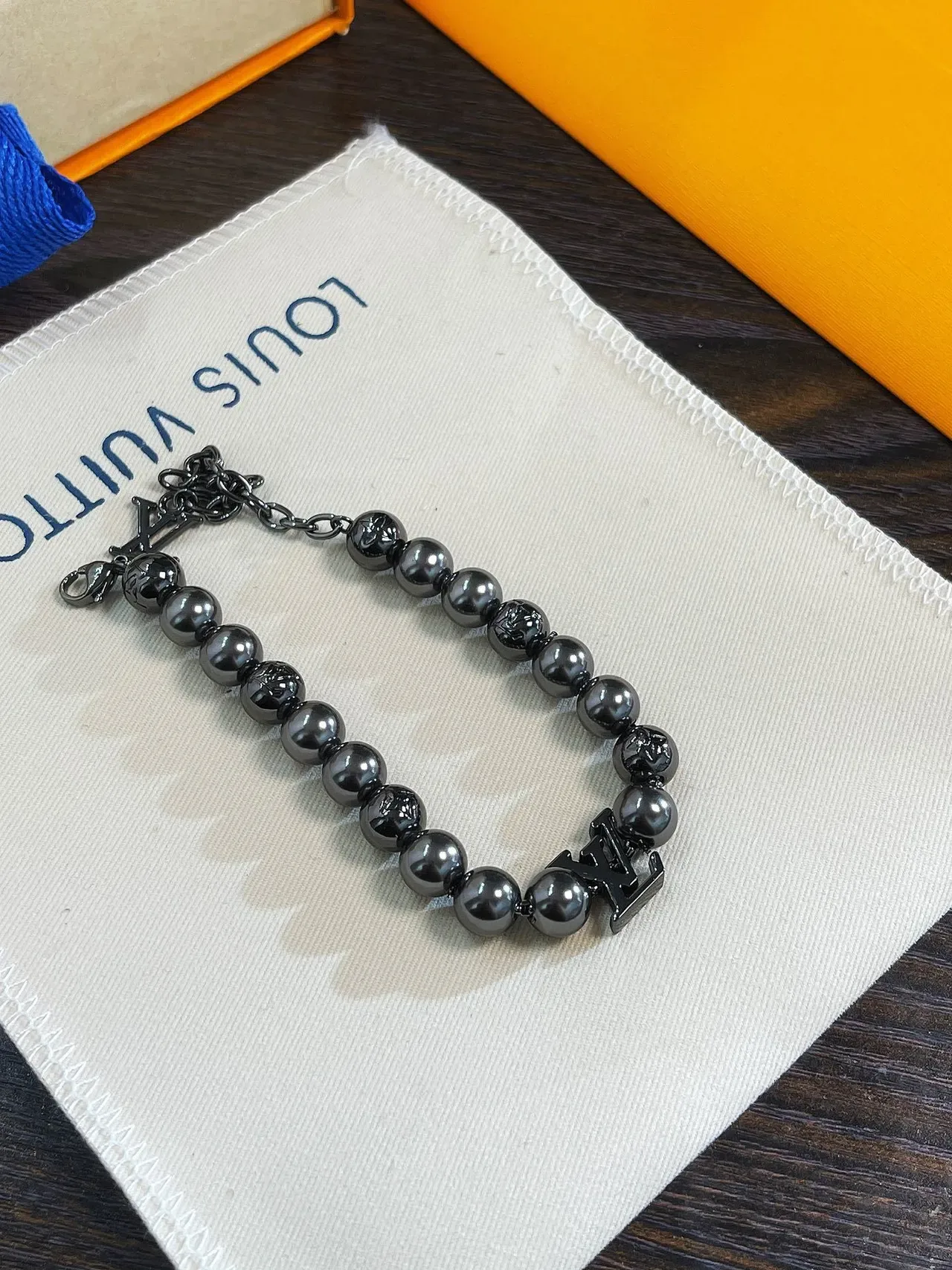 Louis Vuitton Black Gray Beaded Metallic Bracelet 4