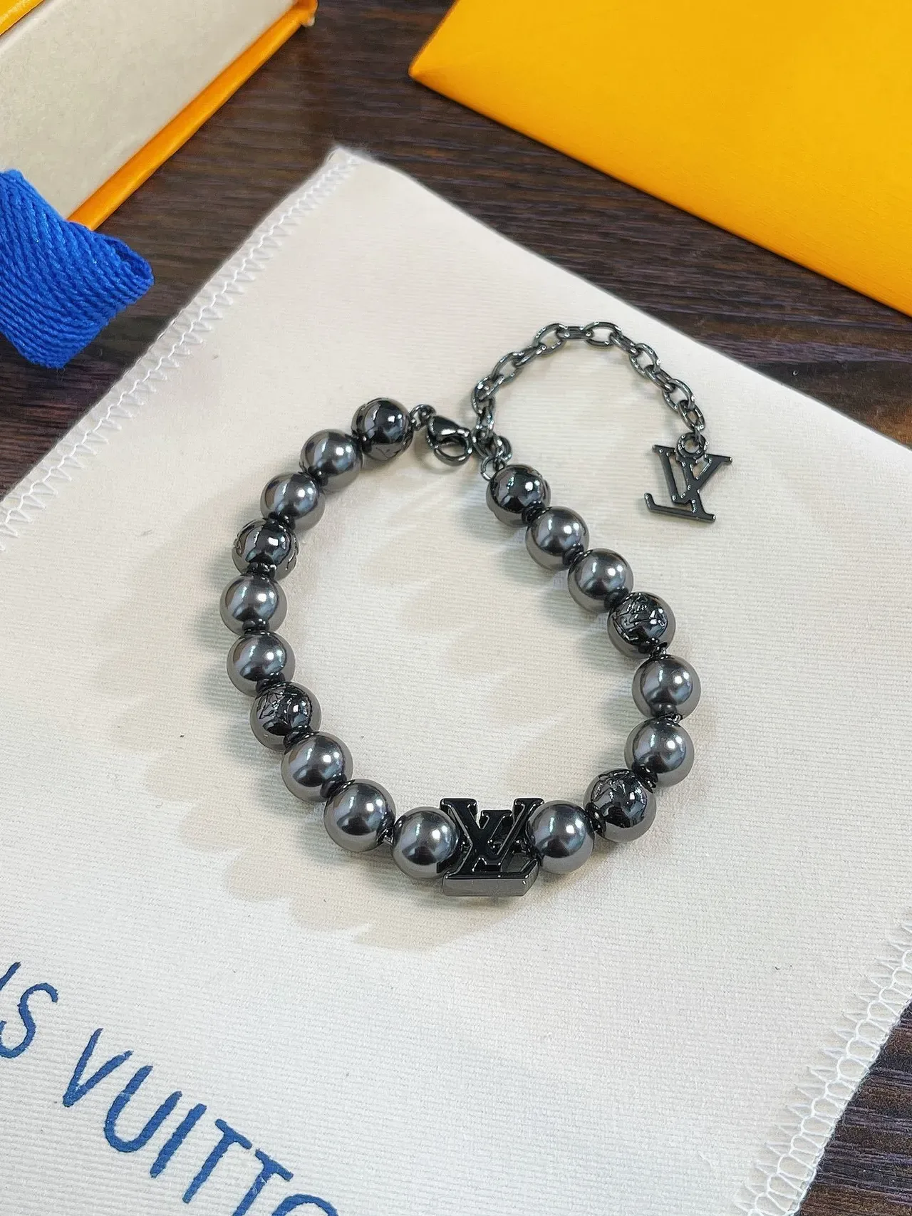 Louis Vuitton Black Gray Beaded Metallic Bracelet 5