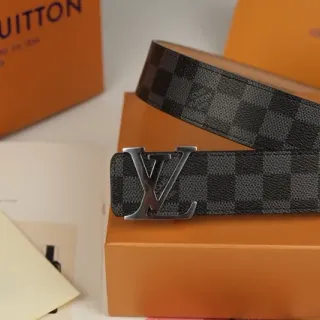 Louis Vuitton Black Gray Damier Graphite Checkered Canvas Polished Silver-Tone LV Buckle Leather Belt