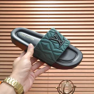 Louis Vuitton Black Green Quilted Strap Embossed Monogram Slippers