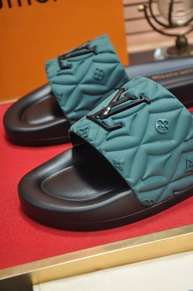 Louis Vuitton Black Green Quilted Strap Embossed Monogram Slippers 2