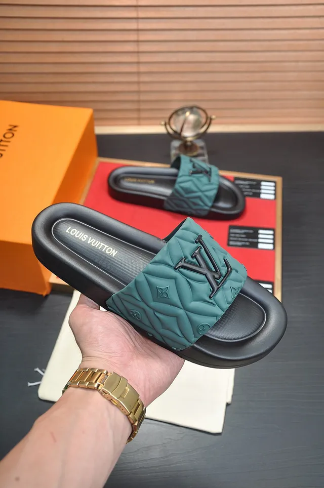 Louis Vuitton Black Green Quilted Strap Embossed Monogram Slippers 6