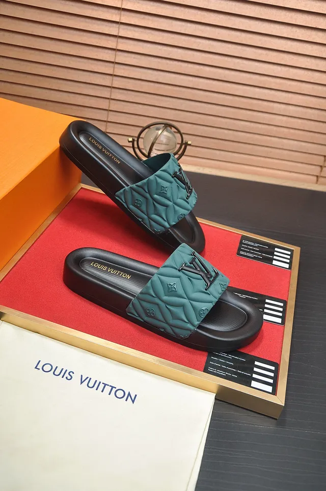 Louis Vuitton Black Green Quilted Strap Embossed Monogram Slippers 7