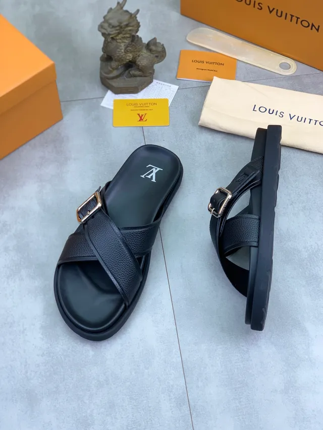 Louis Vuitton Black Silver Pebbled Leather Crossed Strap Slippers 4