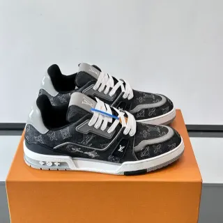 Louis Vuitton Preto Branco Monogram-Print Denim Superior Camadas TPU Overlays Lifestyle Sneakers