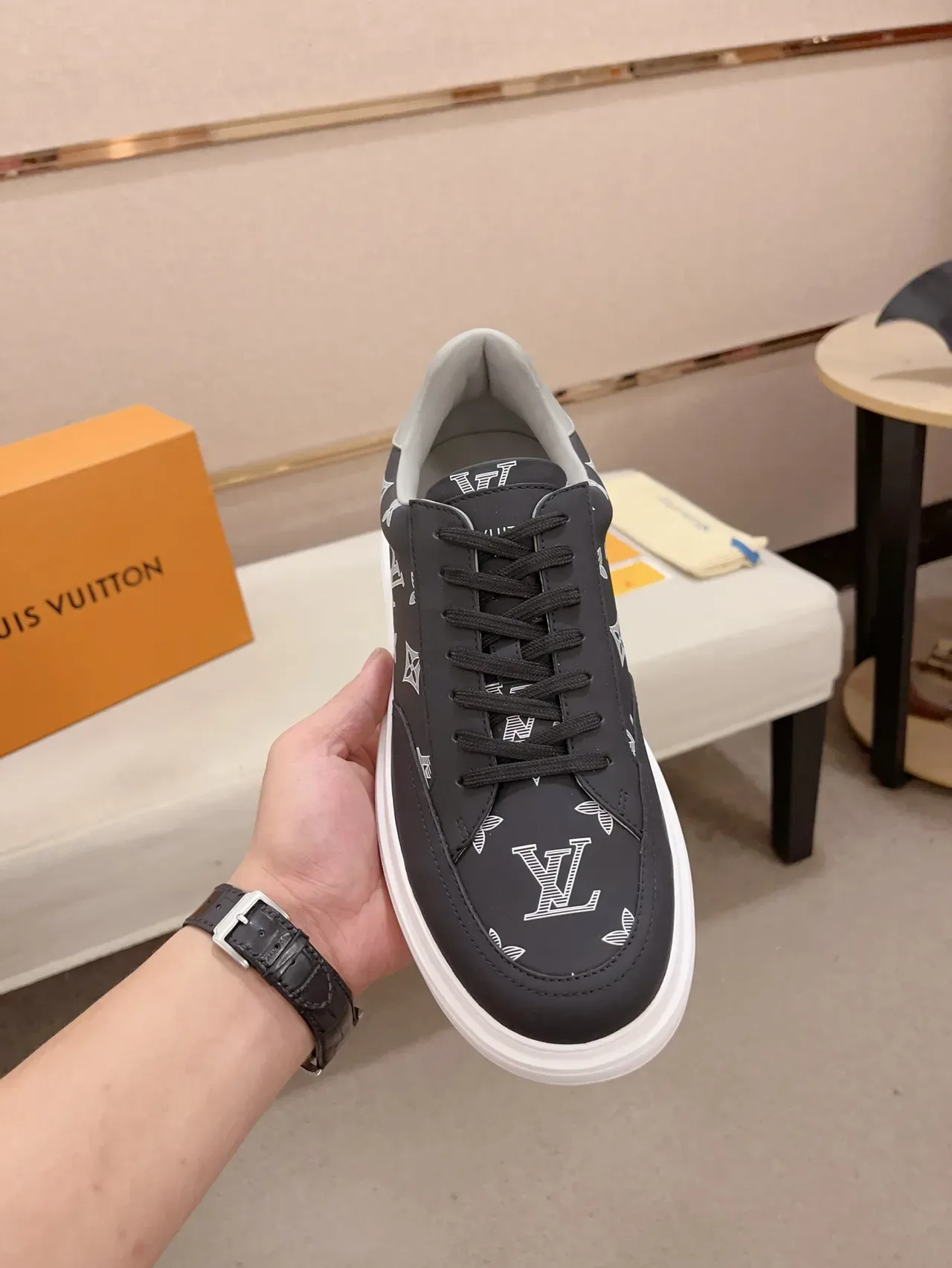 Louis Vuitton Black White Monogram-Print Upper Platform Sole Lifestyle Sneakers 5