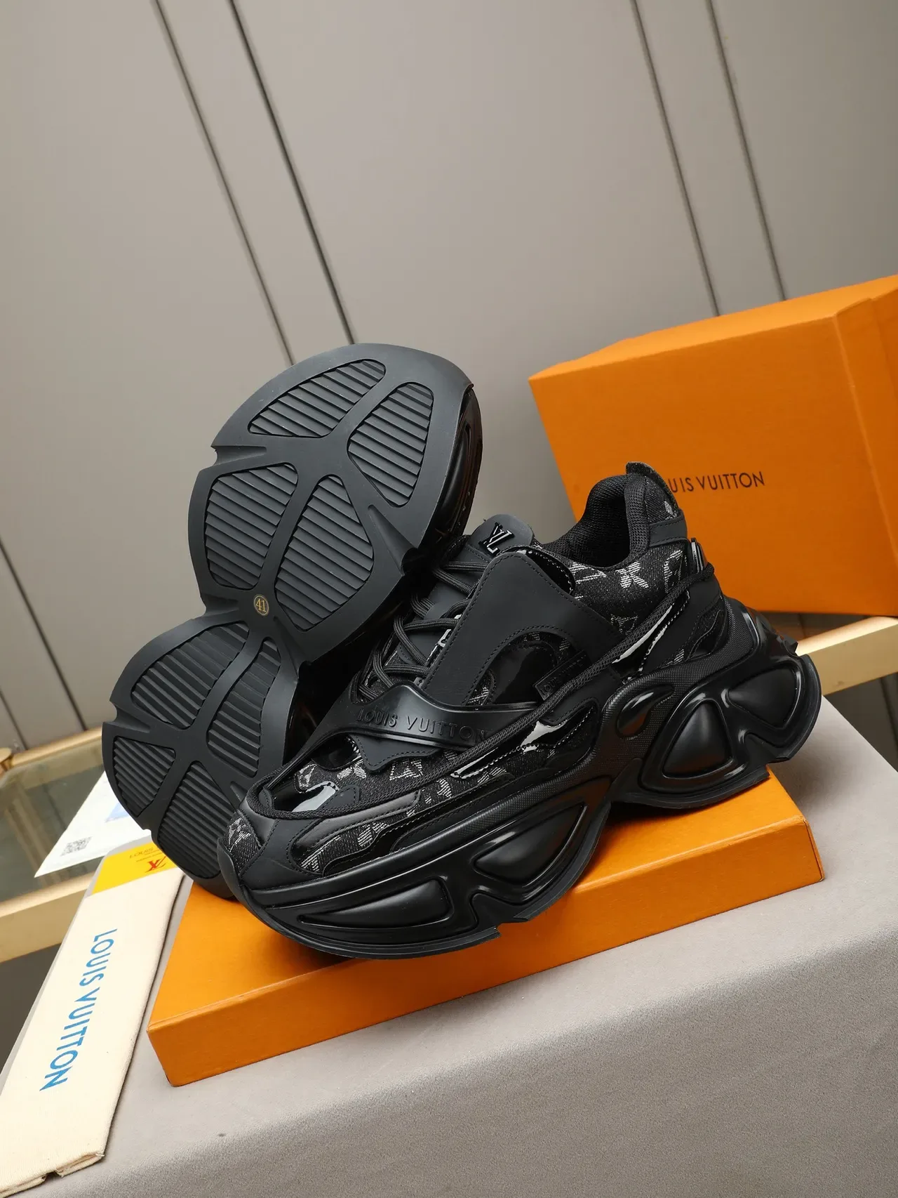 Louis Vuitton Black White Monogram Textile Upper Oversized Sculpted Rubber Sole Chunky Sneakers 5