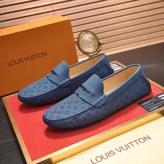 Louis Vuitton Blue Beige Monogrammed Leather Penny Strap Loafer