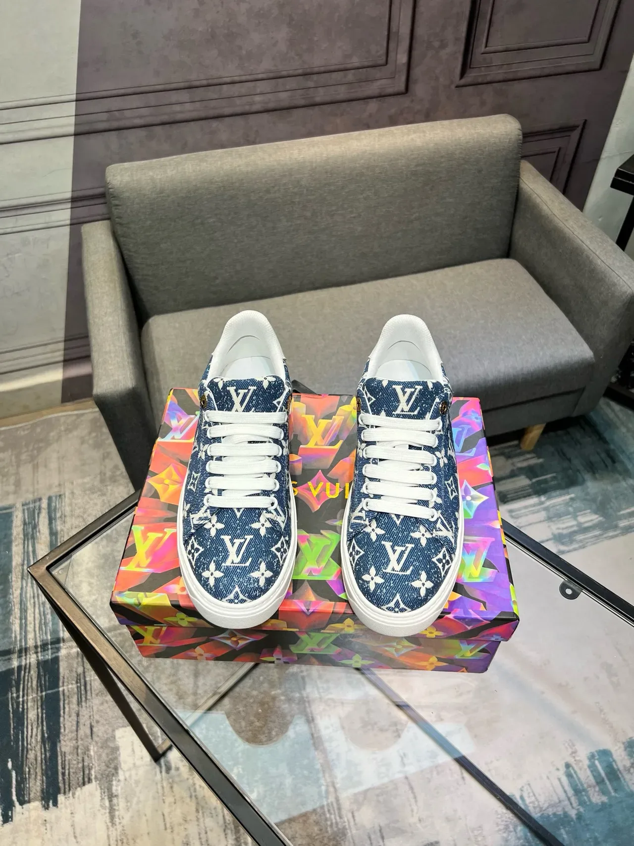 Louis Vuitton Blue White Monogram-Print Denim Upper Rubber Sole Lifestyle Sneakers 2