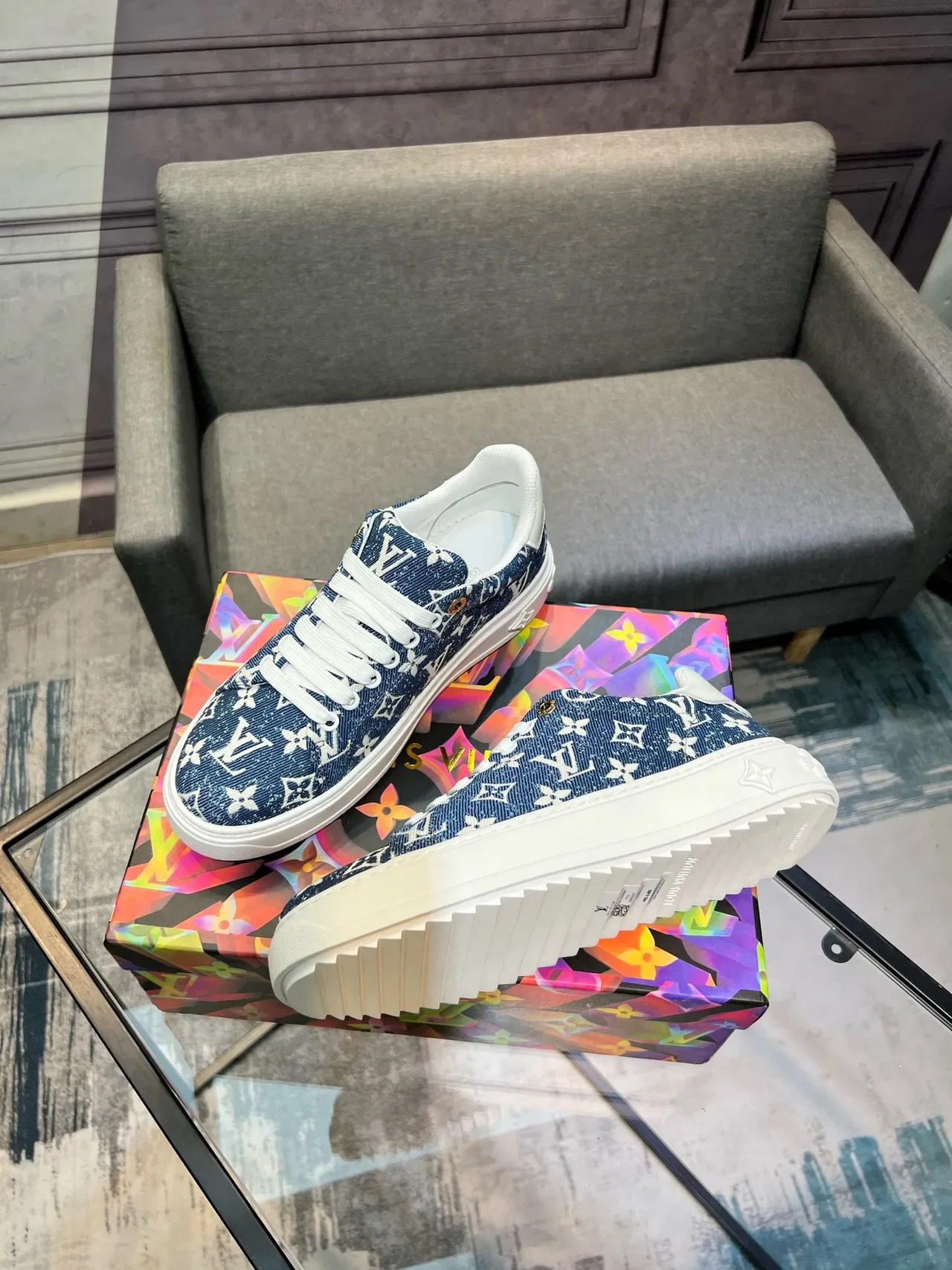 Louis Vuitton Blue White Monogram-Print Denim Upper Rubber Sole Lifestyle Sneakers 3