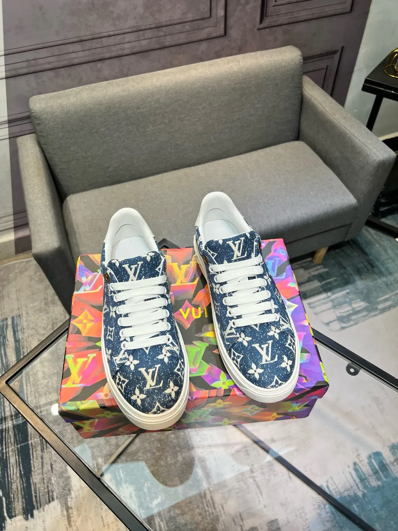 Louis Vuitton Blue White Monogram-Print Denim Upper Rubber Sole Lifestyle Sneakers 4