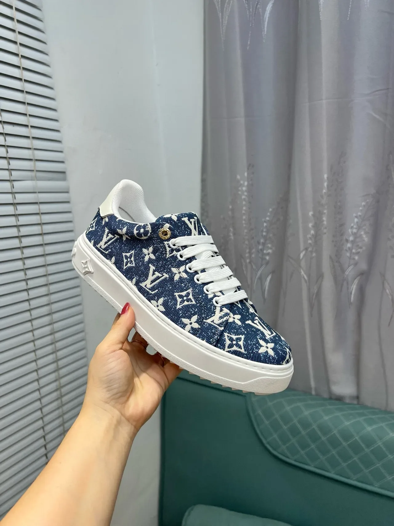 Louis Vuitton Blue White Monogram-Print Denim Upper Rubber Sole Lifestyle Sneakers 5