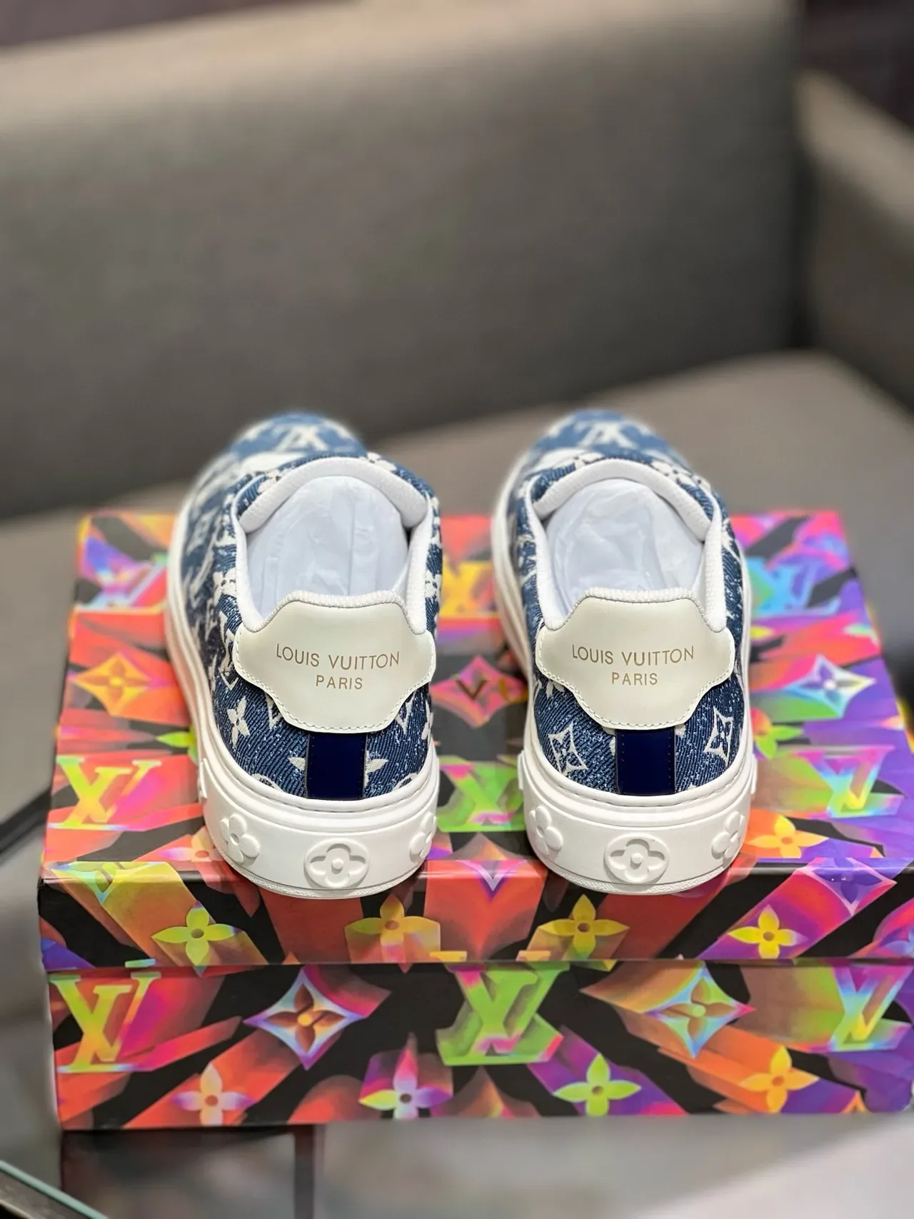 Louis Vuitton Blue White Monogram-Print Denim Upper Rubber Sole Lifestyle Sneakers 7