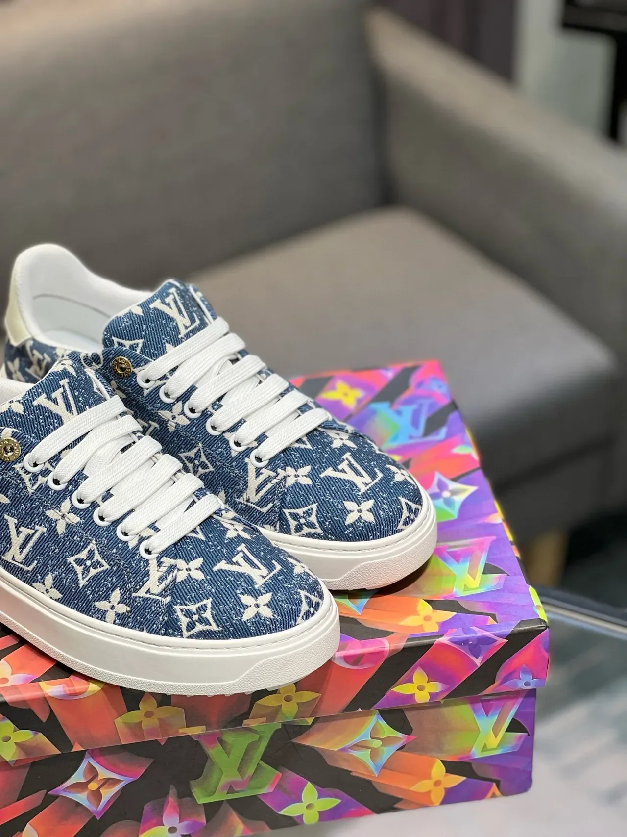 Louis Vuitton Blue White Monogram-Print Denim Upper Rubber Sole Lifestyle Sneakers 8