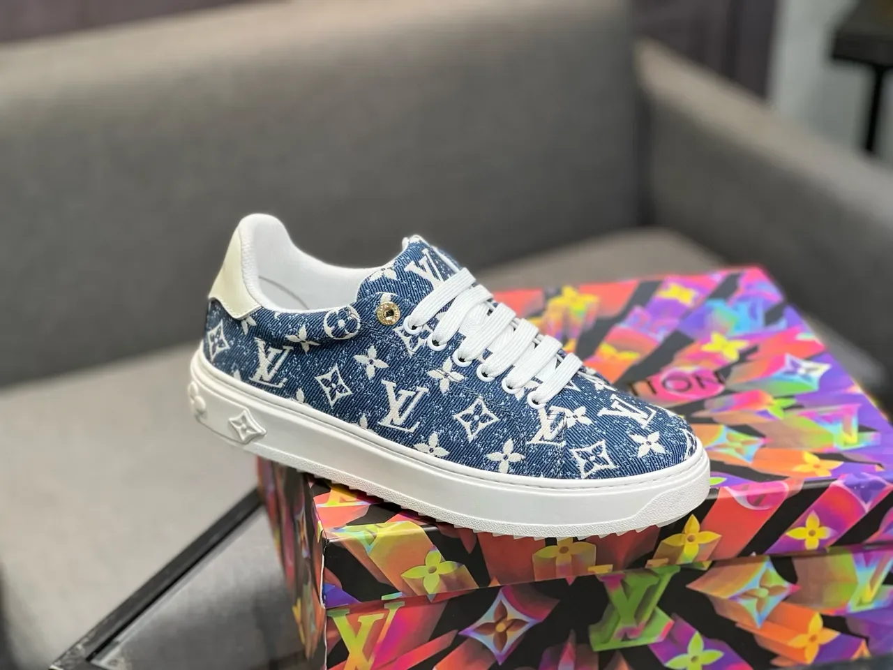 Louis Vuitton Blue White Monogram-Print Denim Upper Rubber Sole Lifestyle Sneakers 9
