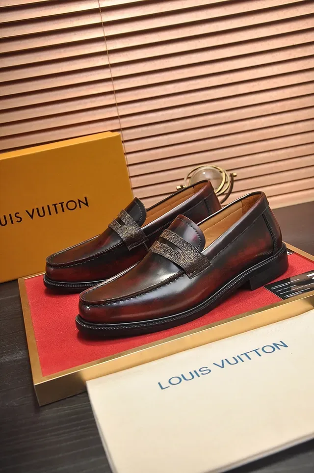 Louis Vuitton Brown Beige Polished Leather Monogrammed Penny Strap Loafer 4