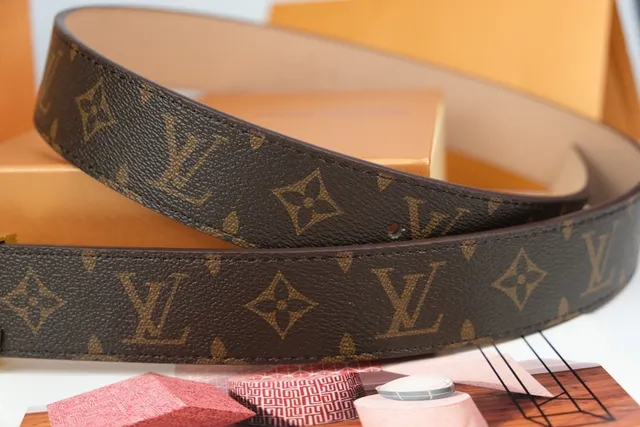 Louis Vuitton Brown Gold Monogram-Coated Canvas Interlocking LV Buckle Leather Belt 3