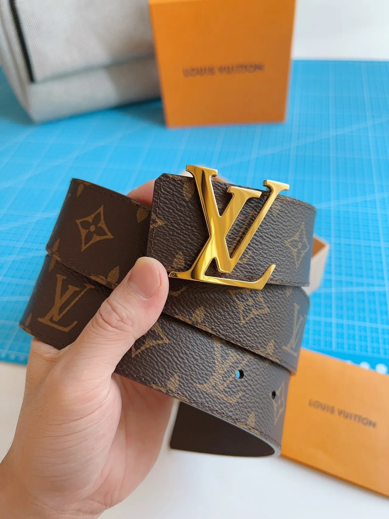 Louis Vuitton Brown Gold Monogram-Coated Canvas LV Buckle Leather Belt 5