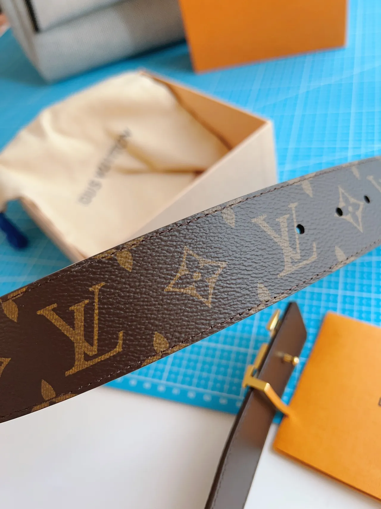 Louis Vuitton Brown Gold Monogram-Coated Canvas LV Buckle Leather Belt 6
