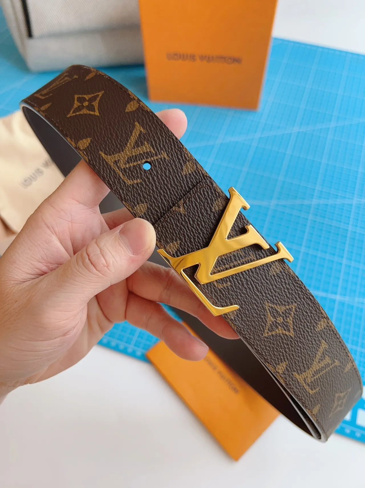 Louis Vuitton Brown Gold Monogram-Coated Canvas LV Buckle Leather Belt 8