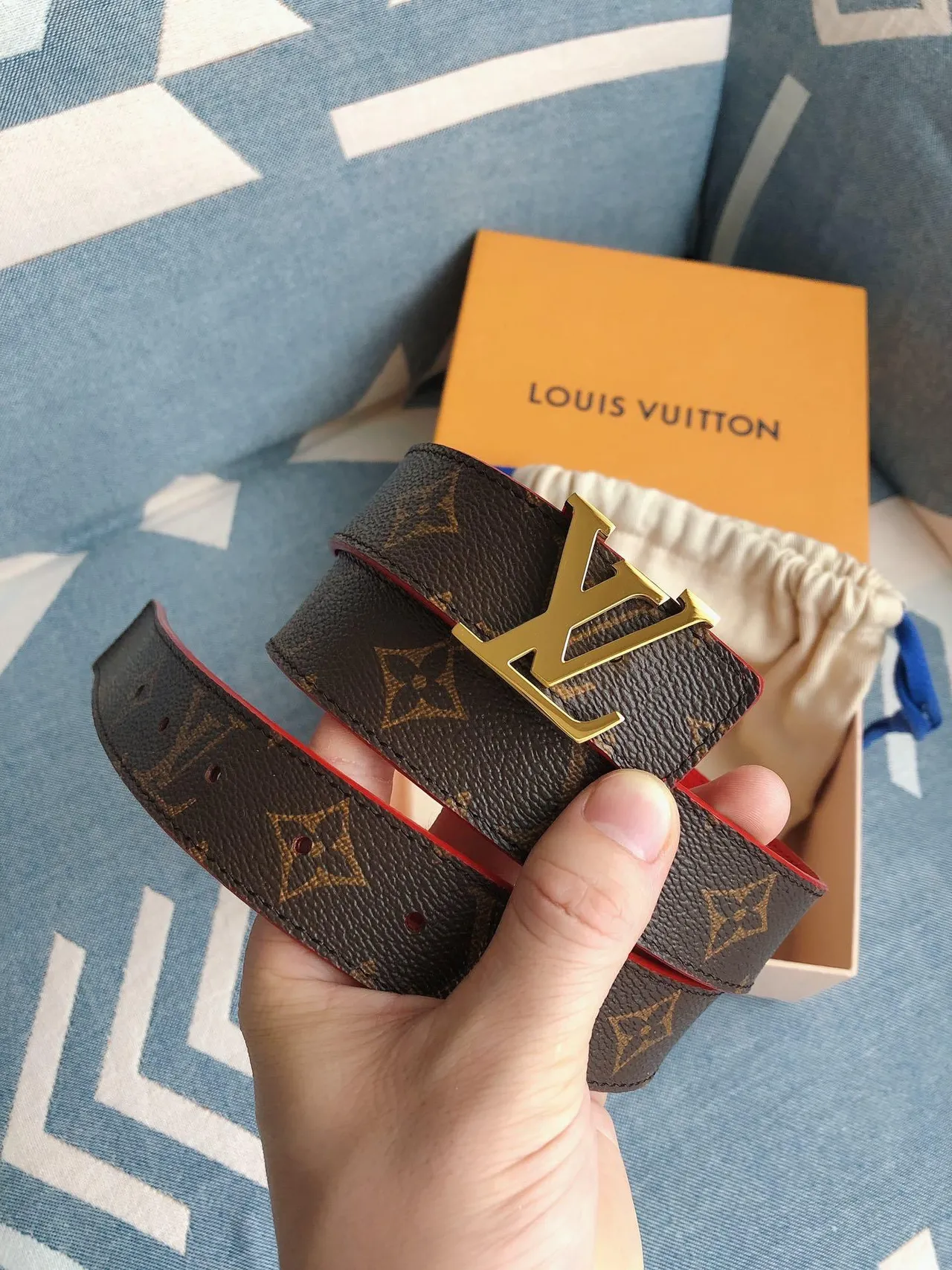 Louis Vuitton Brown Red Reversible Monogram Canvas Gold-Tone LV Buckle Leather Belt 2