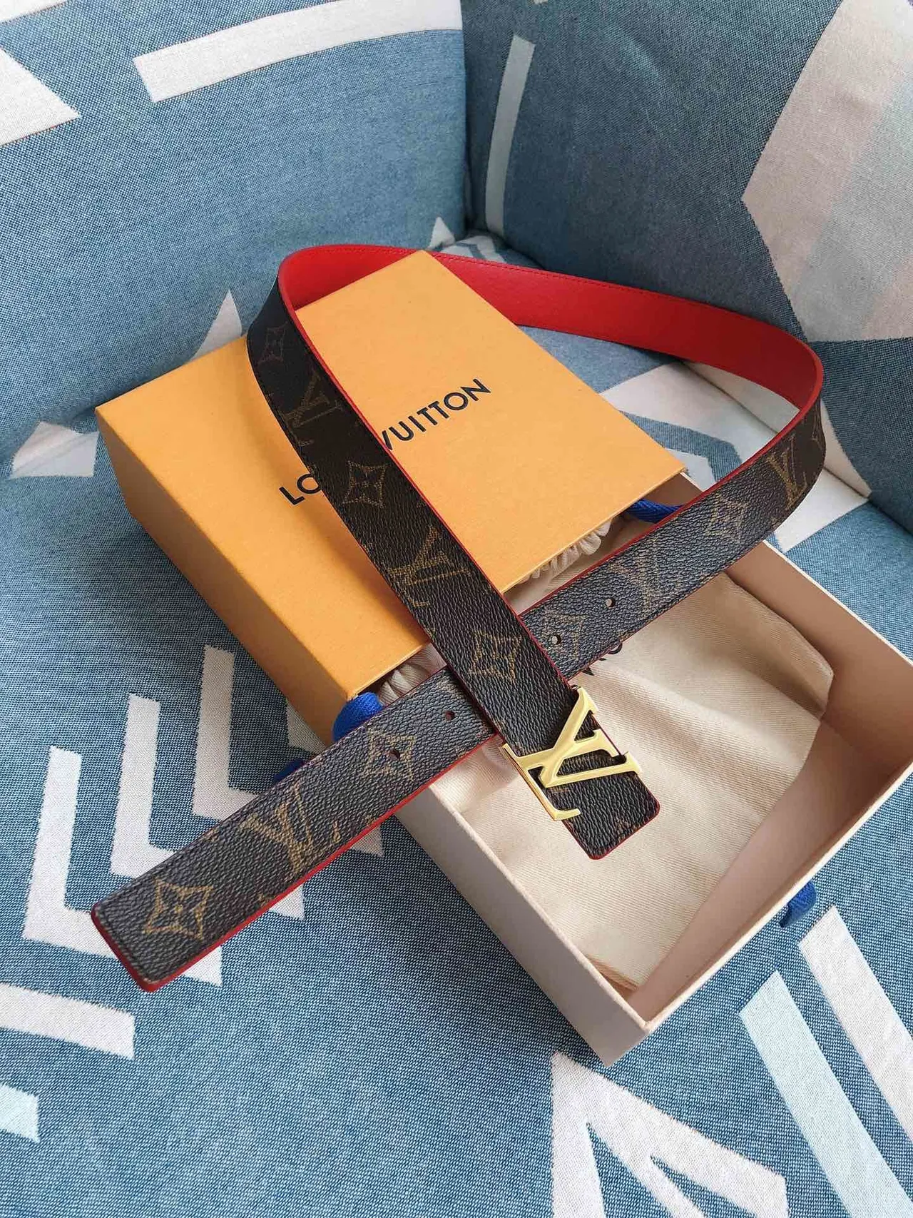 Louis Vuitton Brown Red Reversible Monogram Canvas Gold-Tone LV Buckle Leather Belt 3
