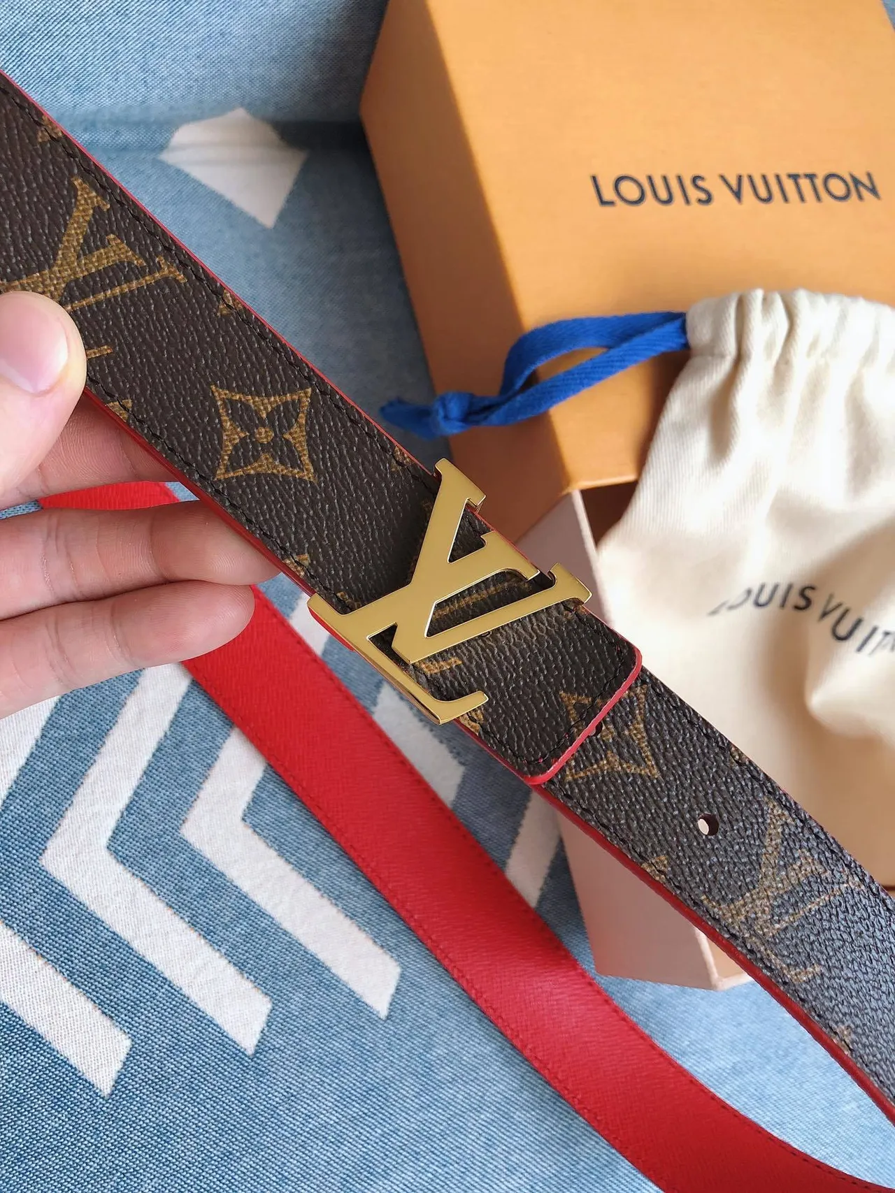 Louis Vuitton Brown Red Reversible Monogram Canvas Gold-Tone LV Buckle Leather Belt 4