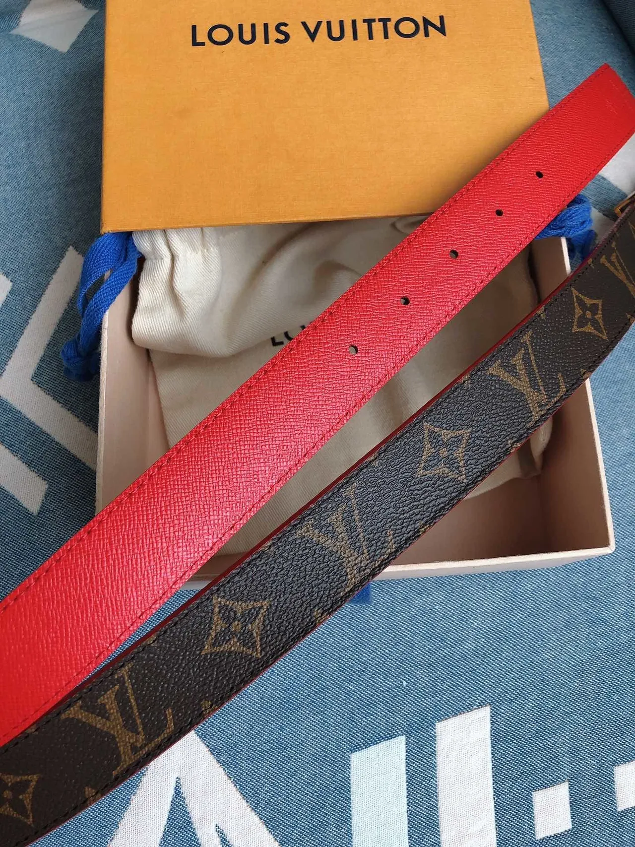 Louis Vuitton Brown Red Reversible Monogram Canvas Gold-Tone LV Buckle Leather Belt 5
