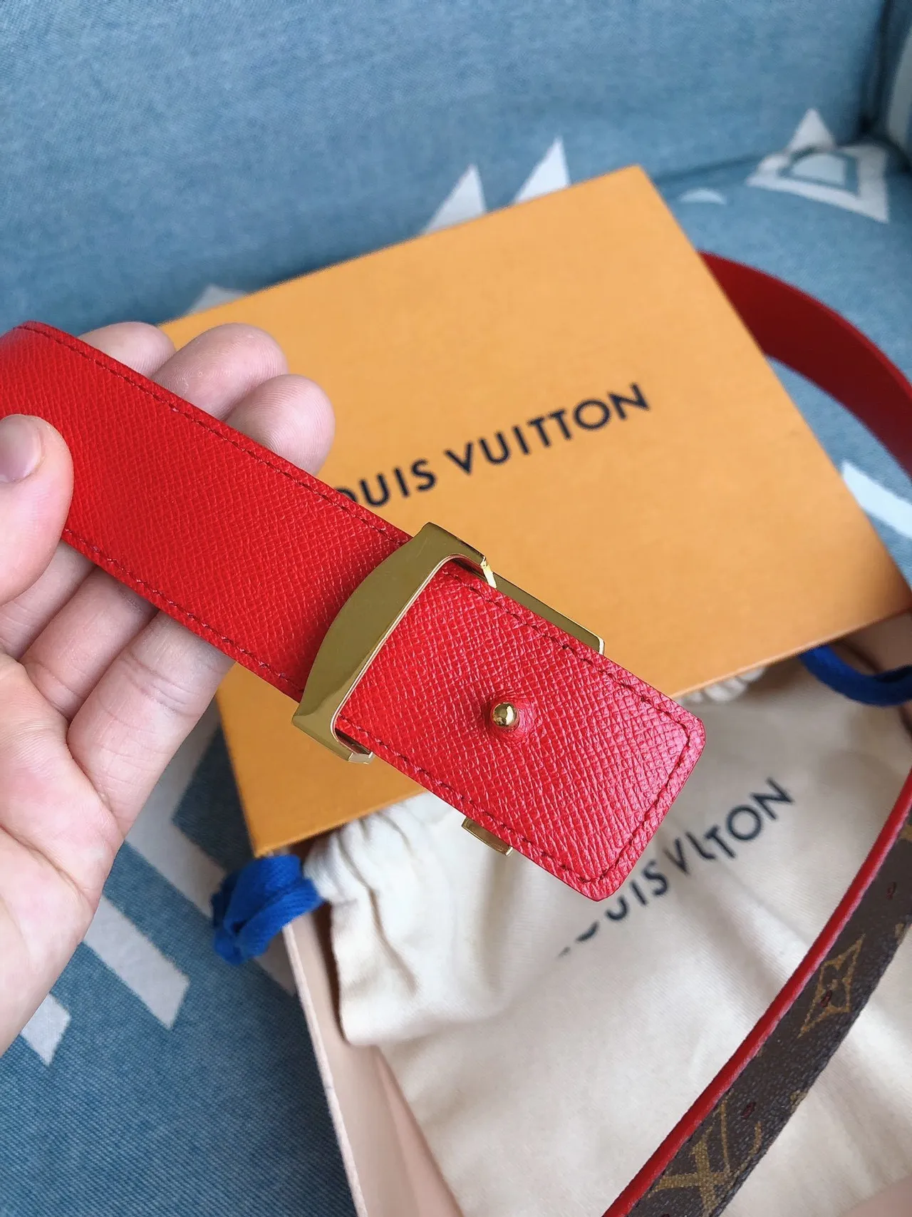 Louis Vuitton Brown Red Reversible Monogram Canvas Gold-Tone LV Buckle Leather Belt 6