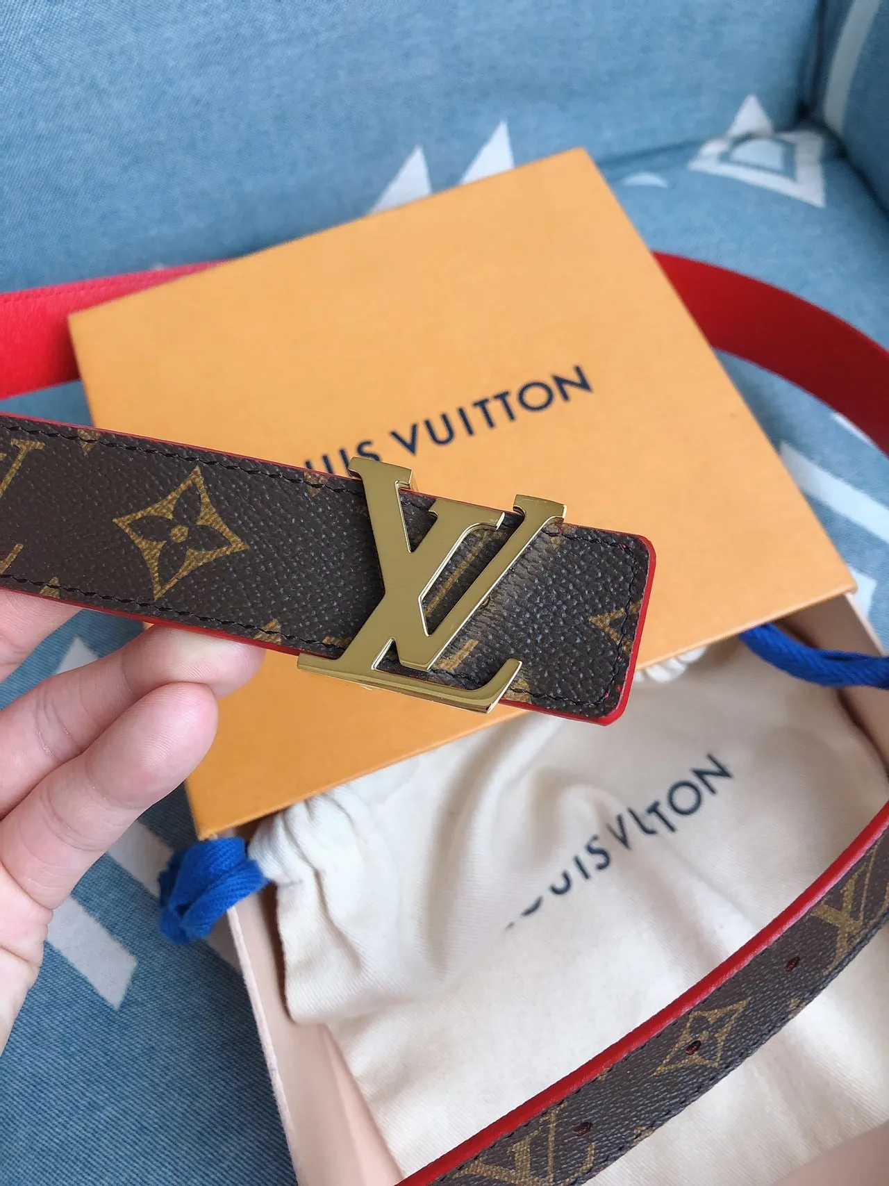 Louis Vuitton Brown Red Reversible Monogram Canvas Gold-Tone LV Buckle Leather Belt 7