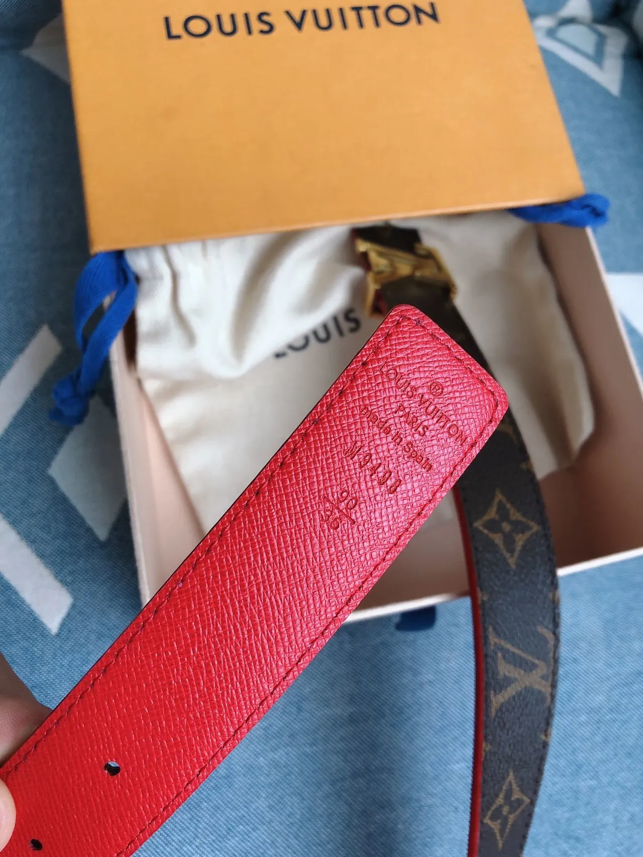 Louis Vuitton Brown Red Reversible Monogram Canvas Gold-Tone LV Buckle Leather Belt 8