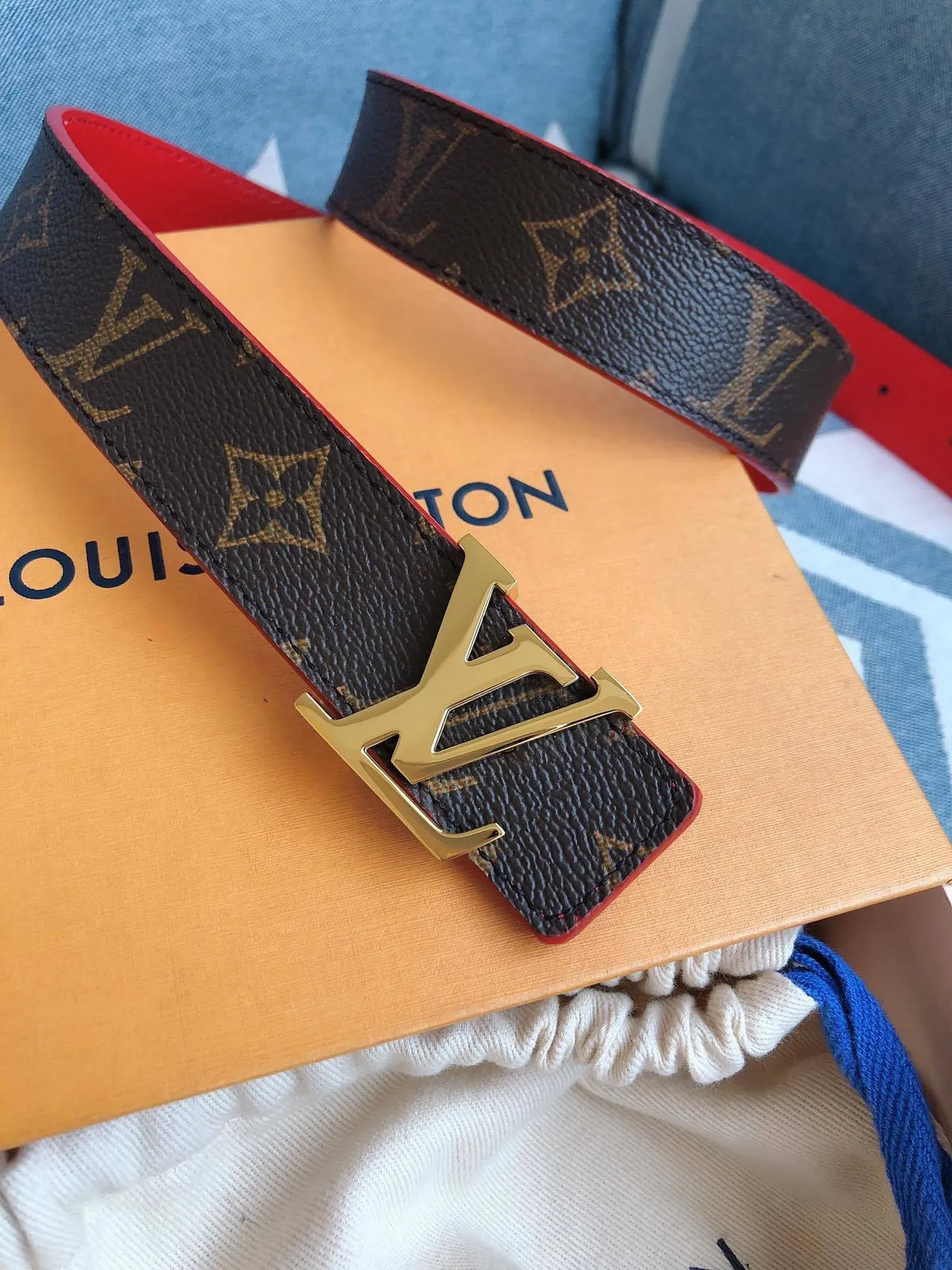 Louis Vuitton Brown Red Reversible Monogram Canvas Gold-Tone LV Buckle Leather Belt 9