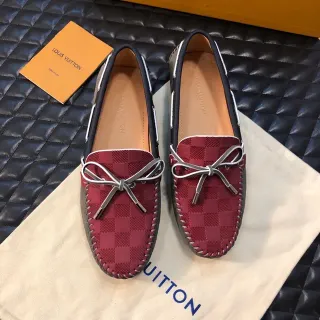 Mocassim Louis Vuitton Borgonha Marinho Damier xadrez Parte superior Detalhe laço prateado