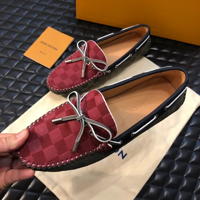 Mocassim Louis Vuitton Borgonha Marinho Damier xadrez Parte superior Detalhe laço prateado 5