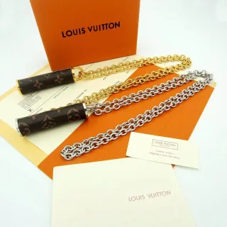 Louis Vuitton Chain Holder Brown Gold Cylindrical Monogrammed Double-Link Metal Necklace