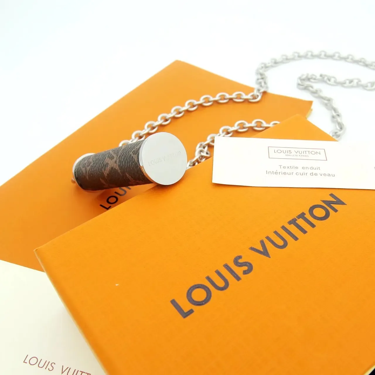 Louis Vuitton Chain Holder Brown Gold Cylindrical Monogrammed Double-Link Metal Necklace 2