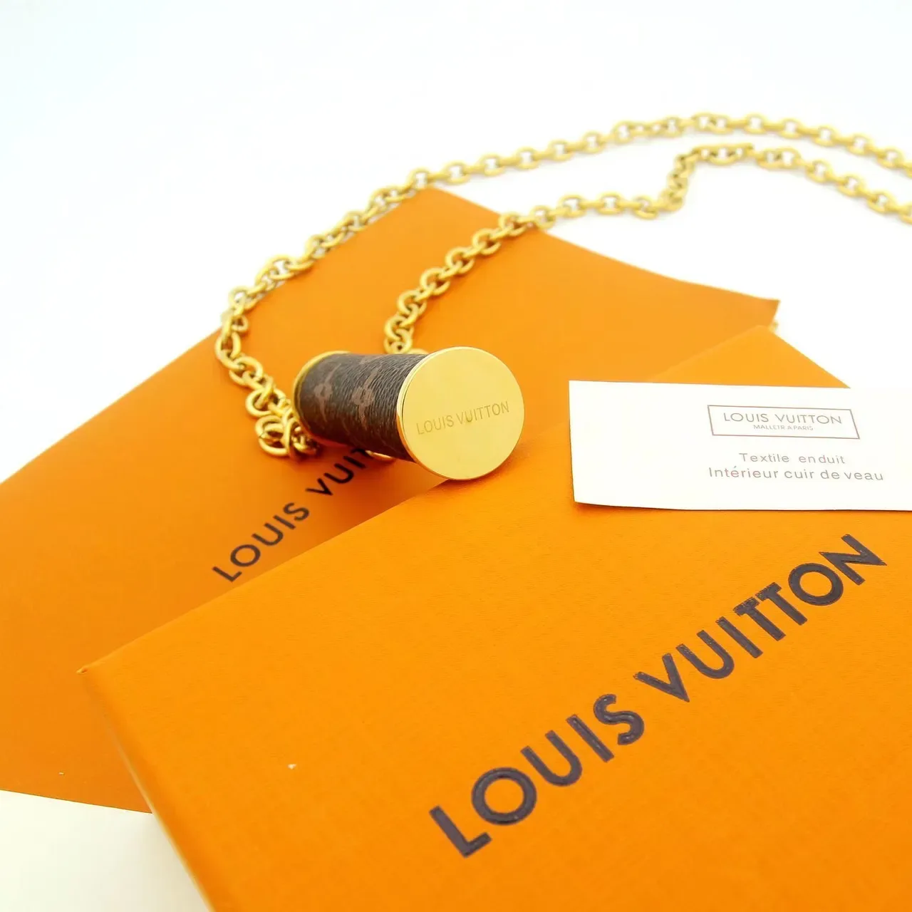 Louis Vuitton Chain Holder Brown Gold Cylindrical Monogrammed Double-Link Metal Necklace 3