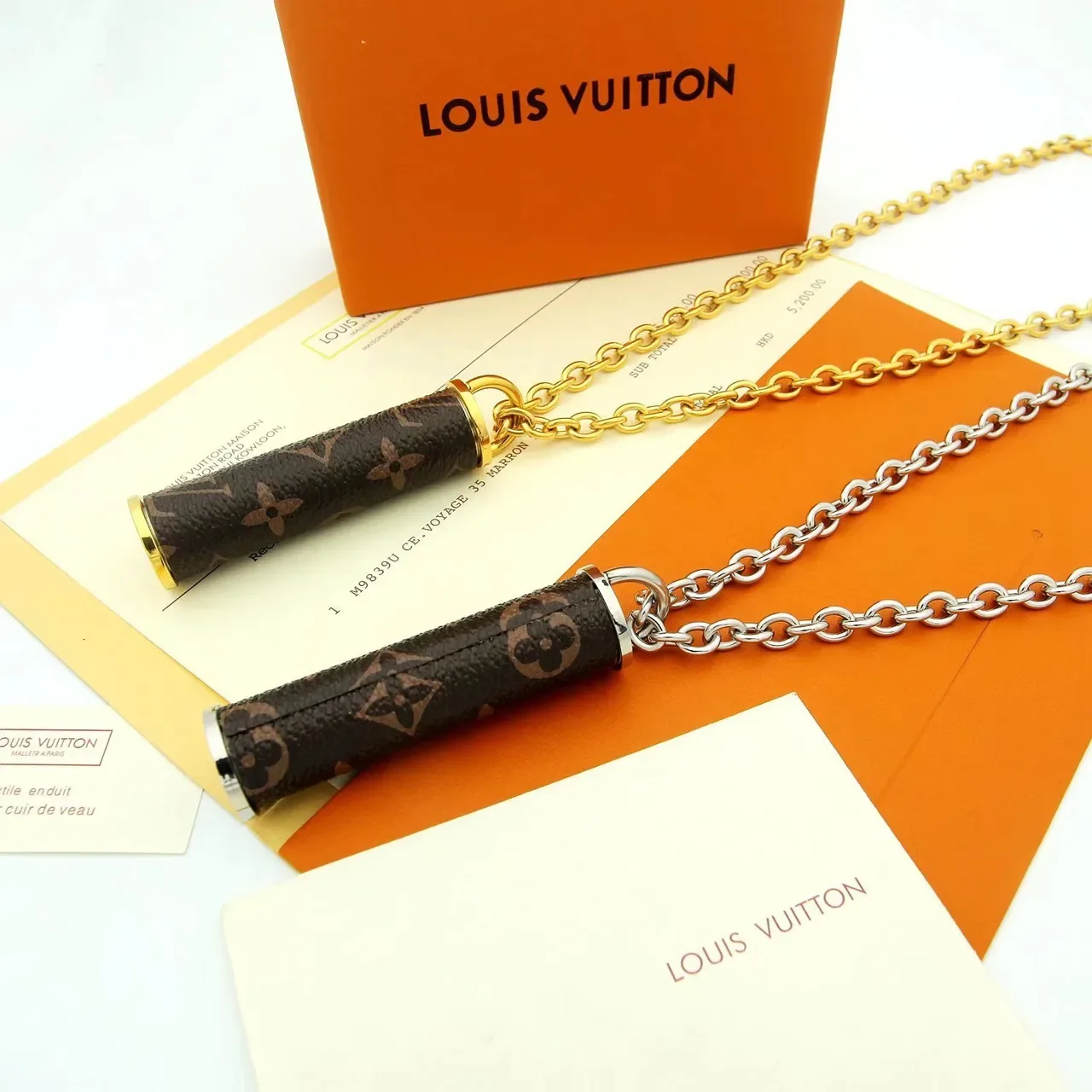 Louis Vuitton Chain Holder Brown Gold Cylindrical Monogrammed Double-Link Metal Necklace 4
