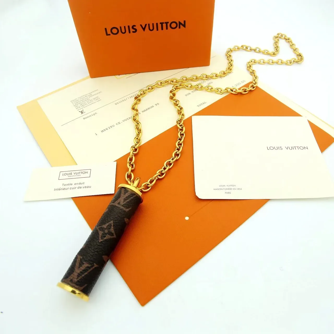 Louis Vuitton Chain Holder Brown Gold Cylindrical Monogrammed Double-Link Metal Necklace 6
