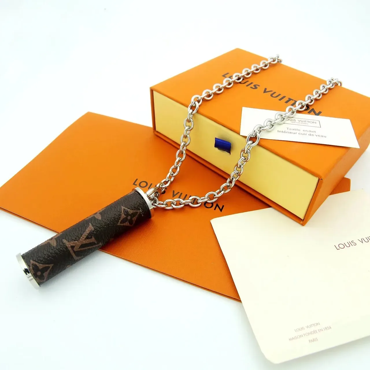 Louis Vuitton Chain Holder Brown Gold Cylindrical Monogrammed Double-Link Metal Necklace 7