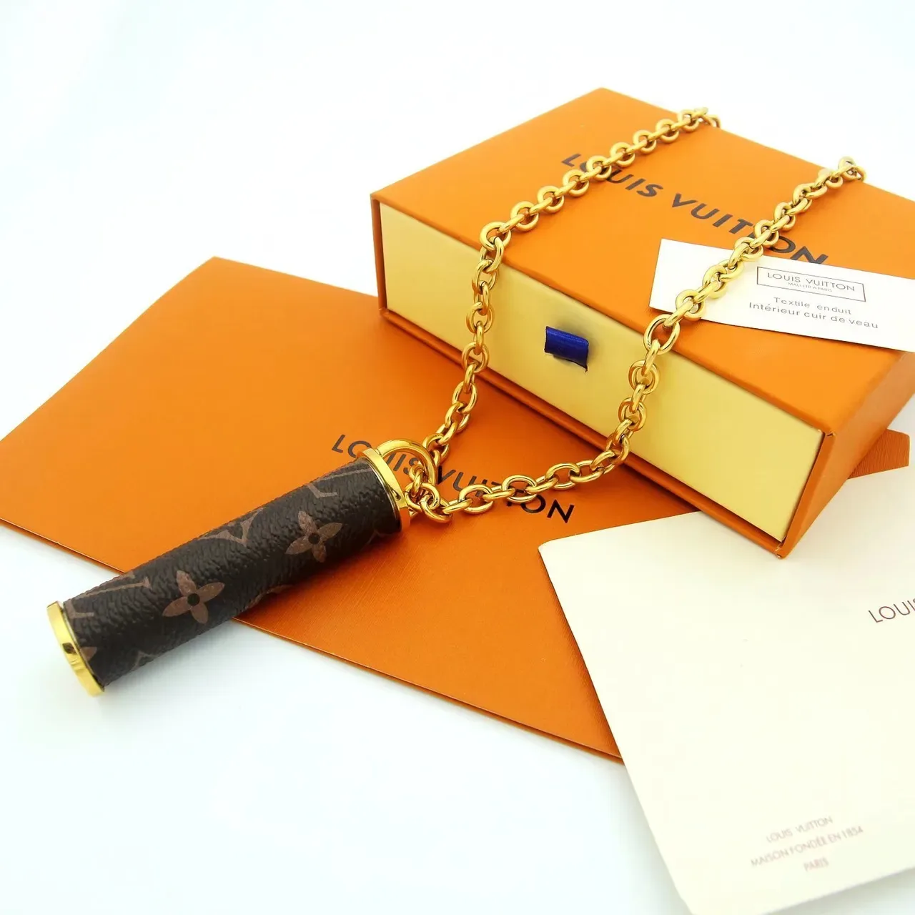 Louis Vuitton Chain Holder Brown Gold Cylindrical Monogrammed Double-Link Metal Necklace 8