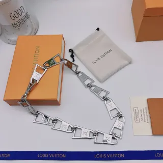 Louis Vuitton Chain Silver Green Metallic Monogram-Engraved Necklace