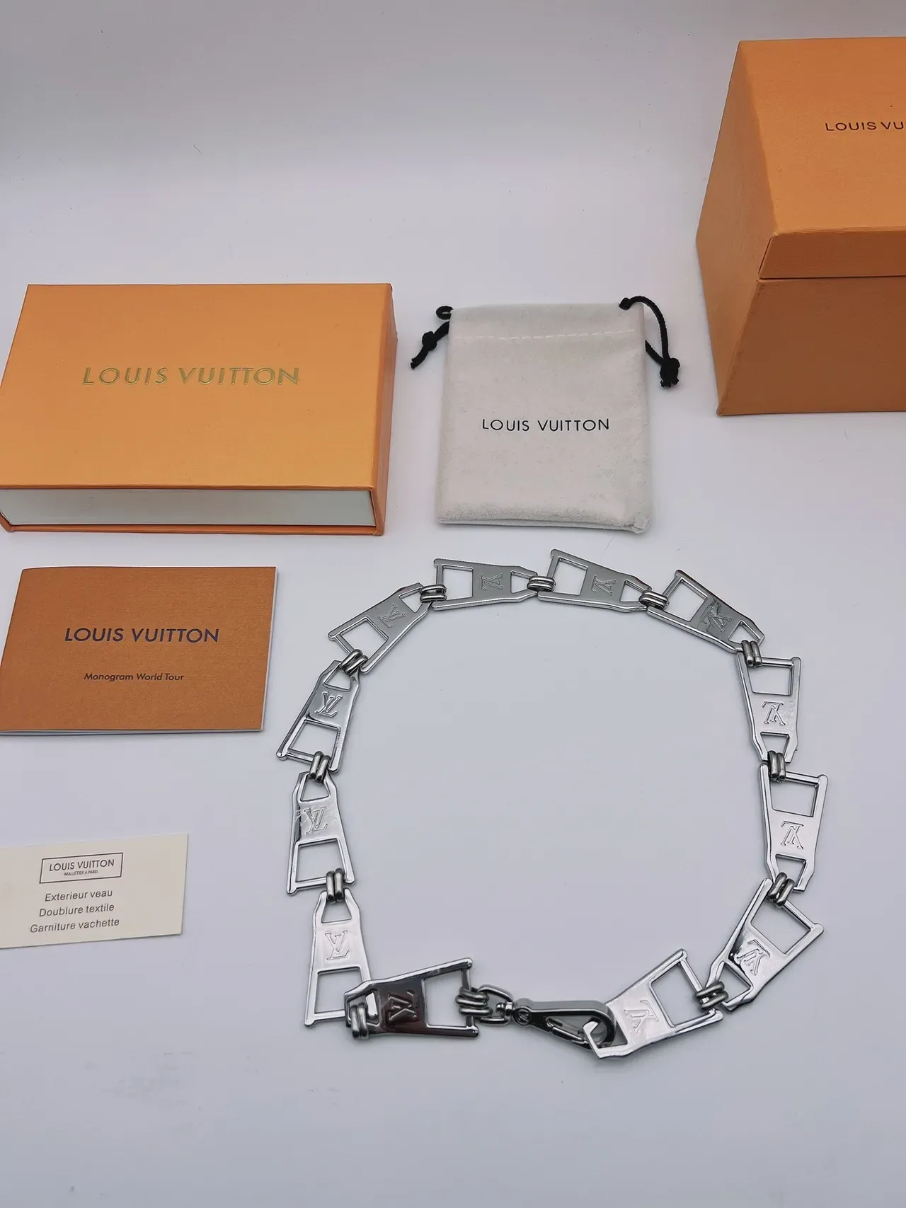 Louis Vuitton Chain Silver Green Metallic Monogram-Engraved Necklace 5
